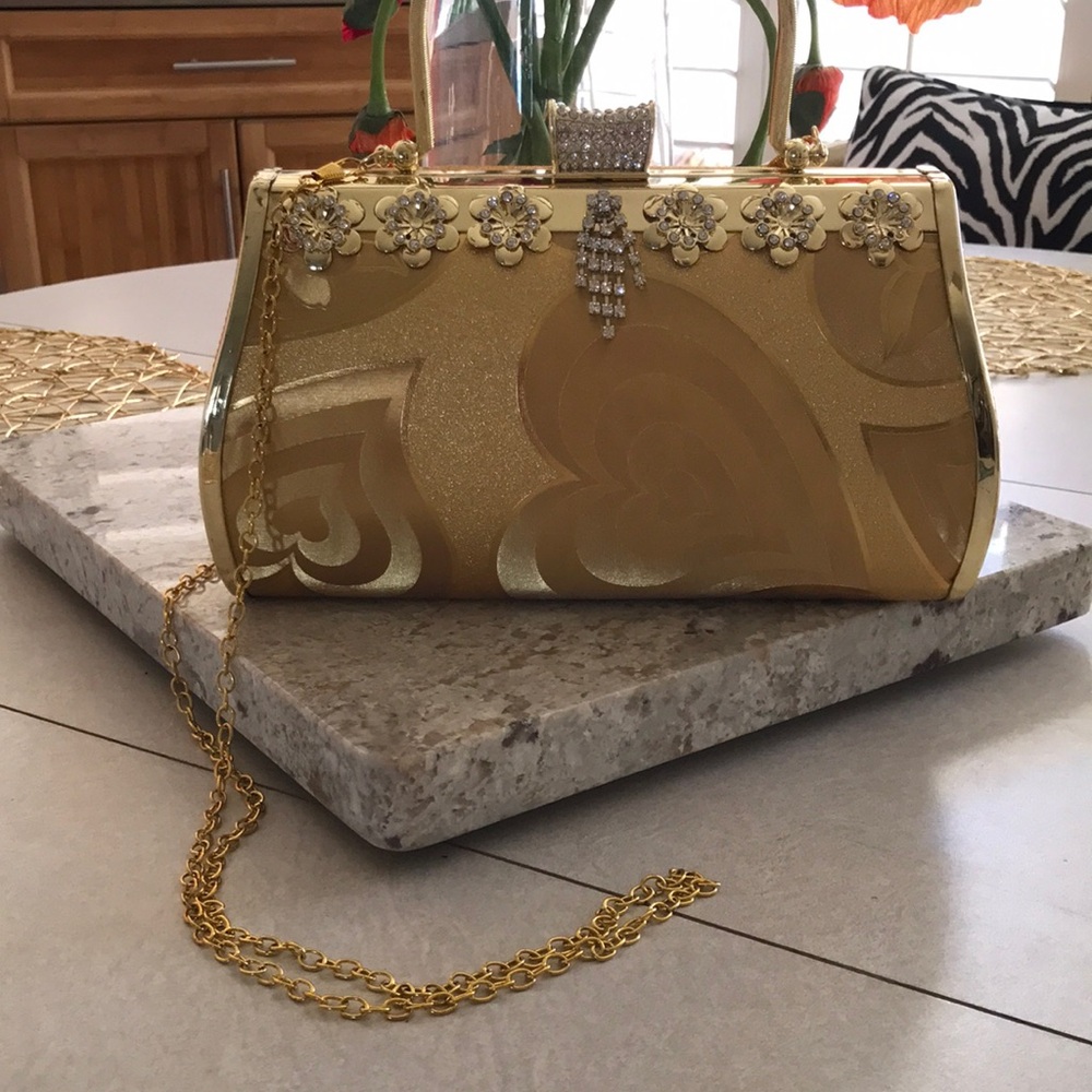 Gold Floral-Embellished Evening Clutch